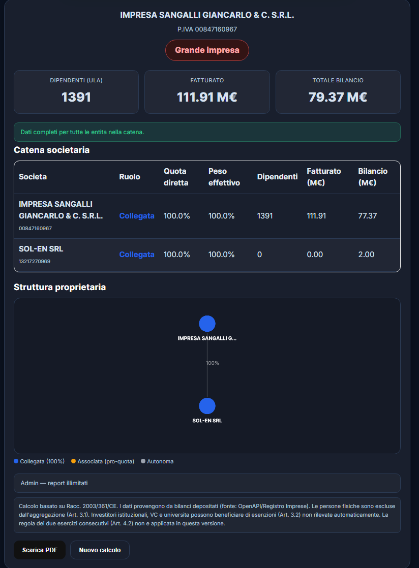 Esempio report dimensione d’impresa: classificazione, KPI, catena societaria e struttura proprietaria